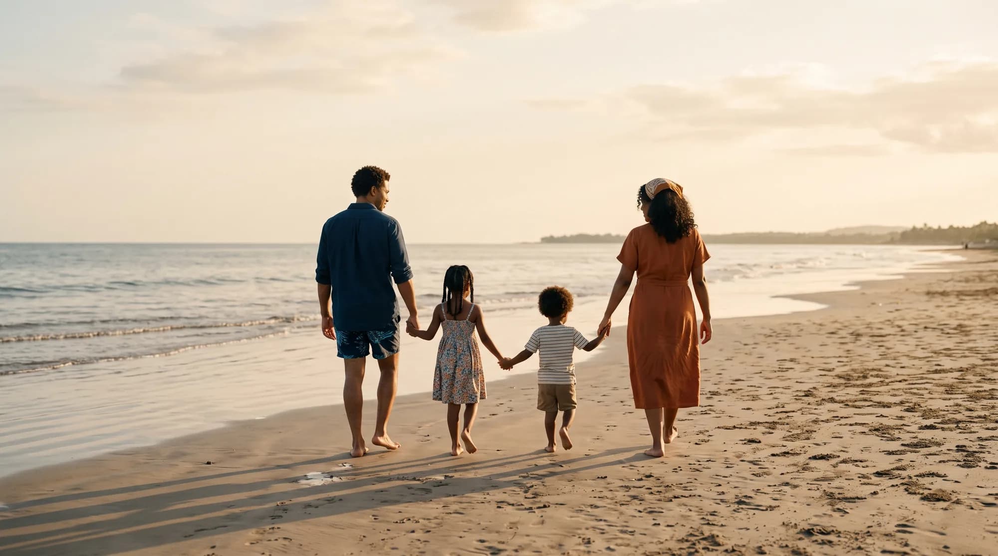 A family of four walks hand in hand along the shoreline at sunset, seen from behind.