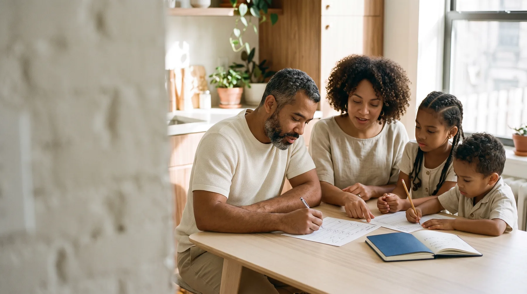A mother, father and their two children fill in the printed family planner together at the kitchen table in morning light.
