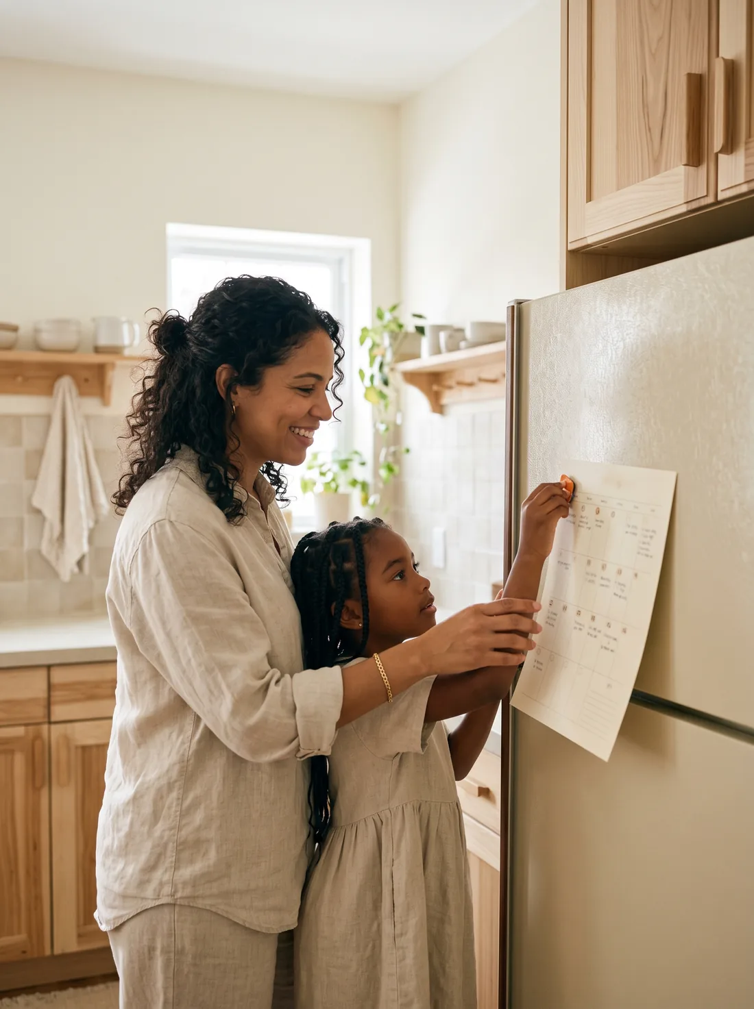 A mother and her daughter pin the printed weekly planner to the refrigerator door.