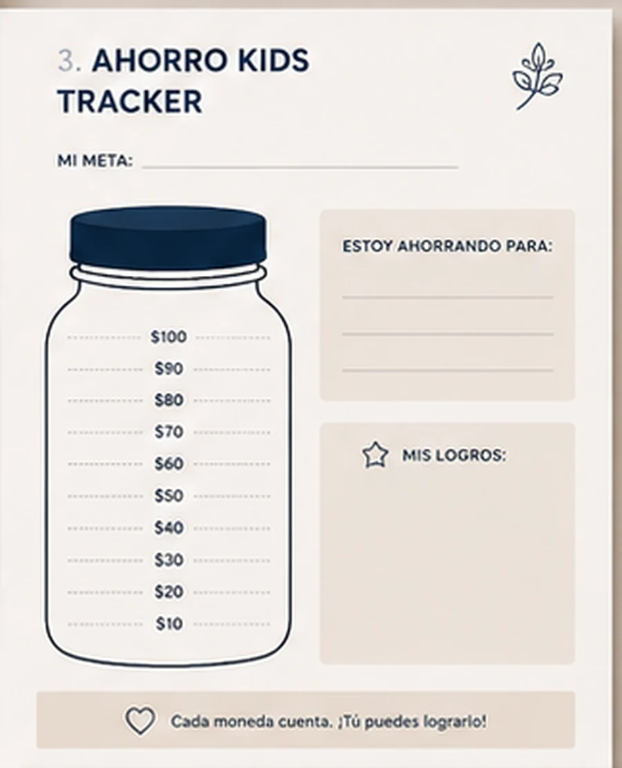 Children's savings sheet with a drawn piggy bank and ten-dollar increments to colour in.