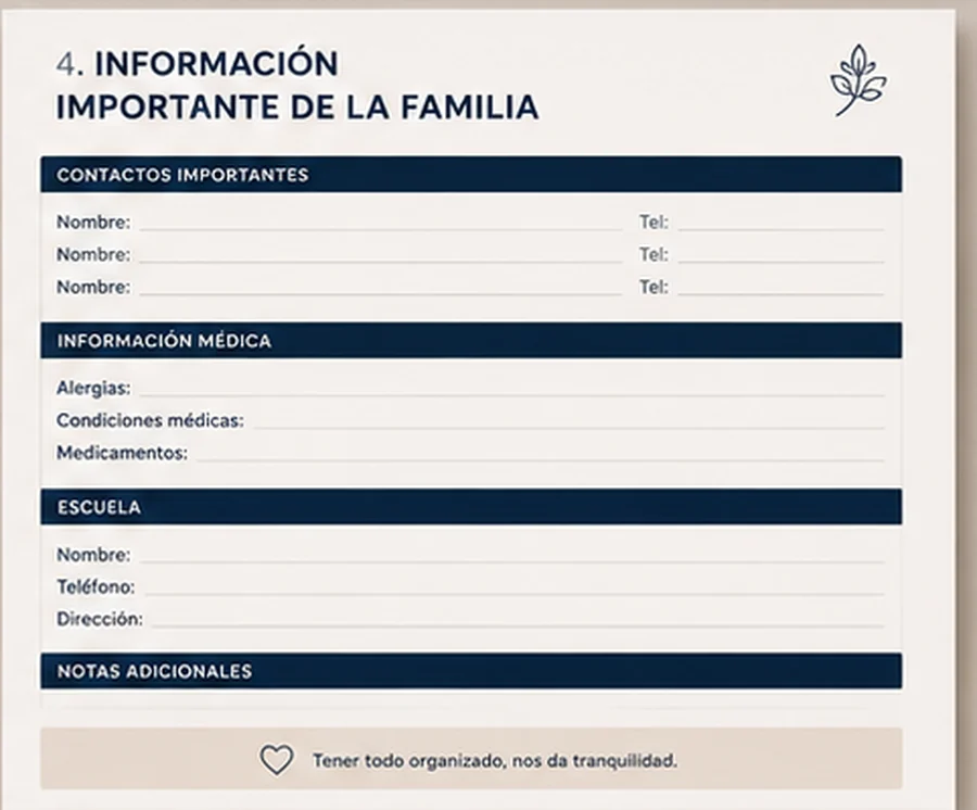 Family information sheet with space for important contacts, medical details and school information.