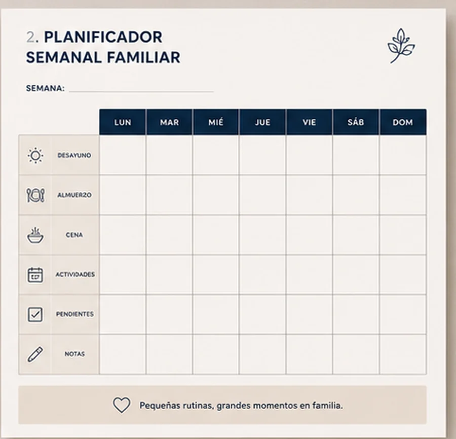 Weekly family planner with rows for meals, activities and to-dos from Monday to Sunday.