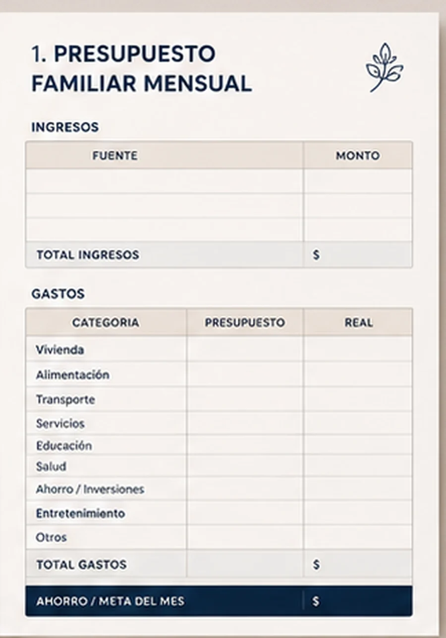 Monthly family budget sheet with income and expense tables and a final row for the savings goal.